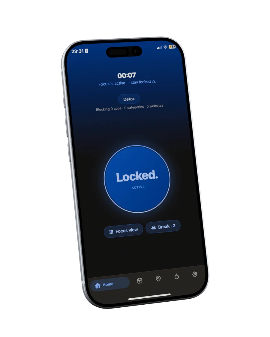 freeself Home view on an iPhone: focus session locked and active